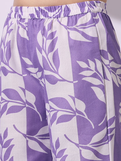 Abstract Floral Printed A-Line Flared Co-ord Set - Purple