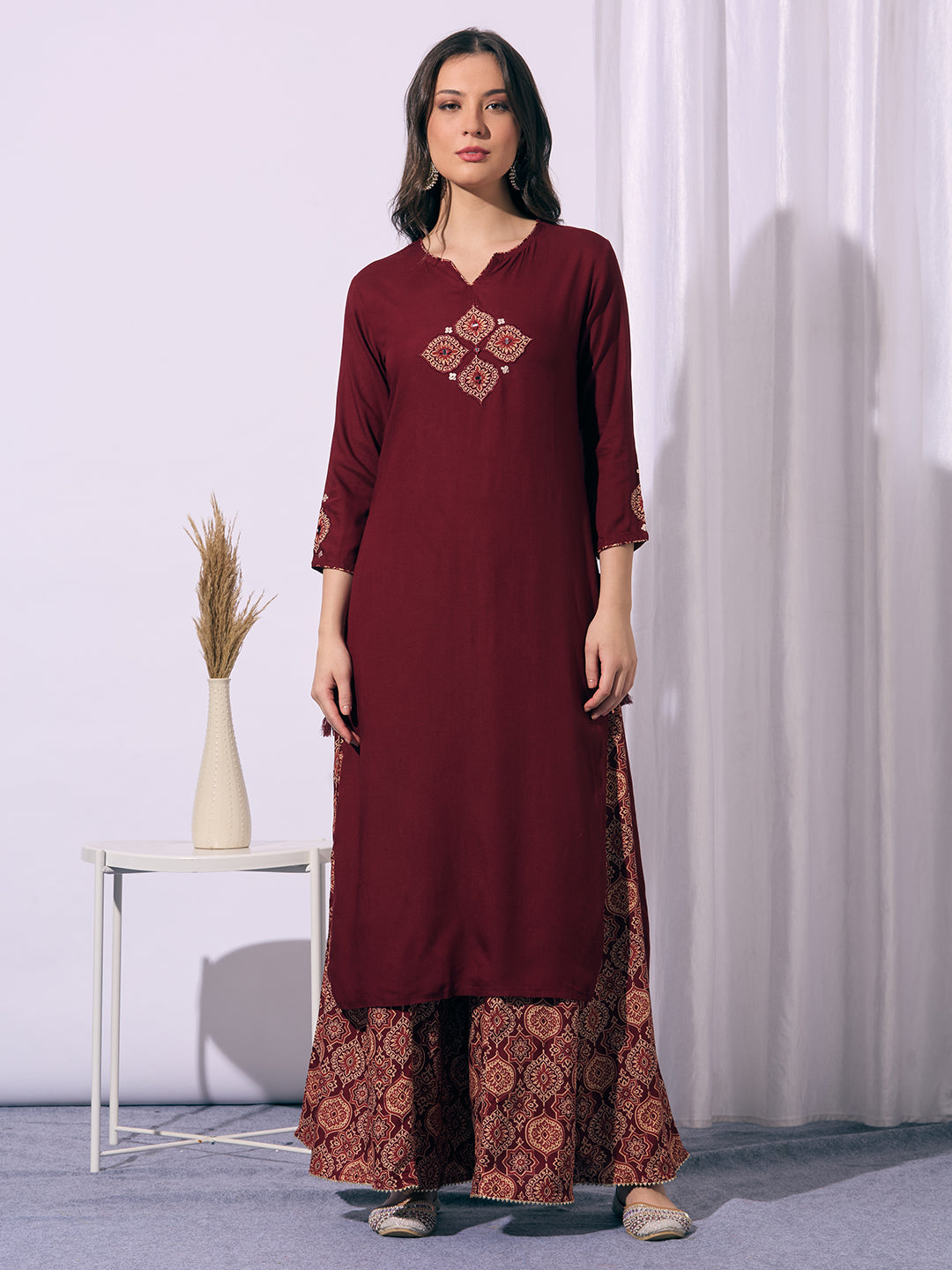 Solid Straight Cut Kurta with Ajrakh Printed Flared Palazzo - Maroon