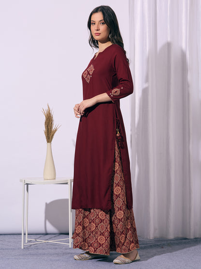 Solid Straight Cut Kurta with Ajrakh Printed Flared Palazzo - Maroon