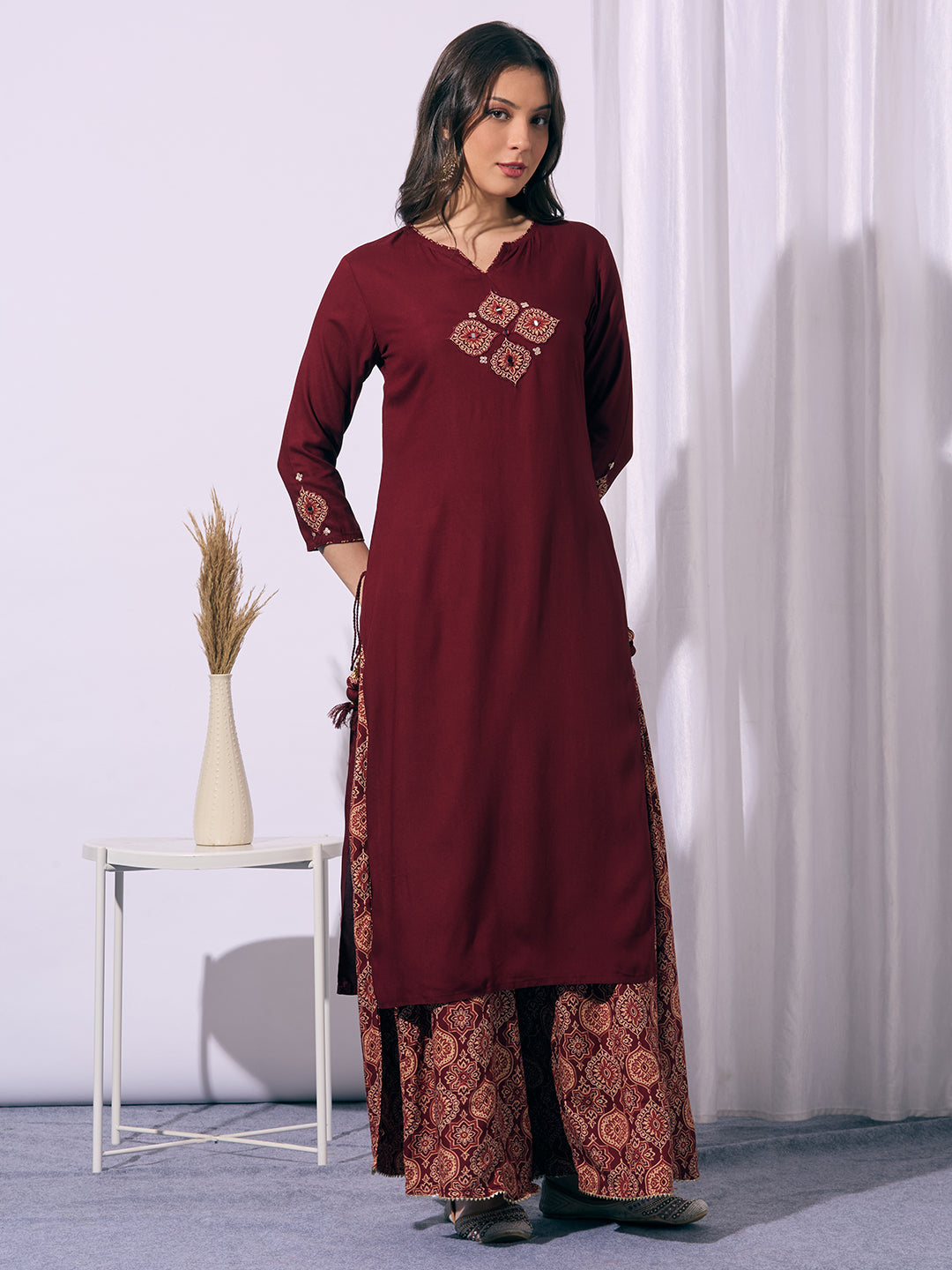 Solid Straight Cut Kurta with Ajrakh Printed Flared Palazzo - Maroon
