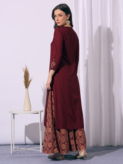 Solid Straight Cut Kurta with Ajrakh Printed Flared Palazzo - Maroon