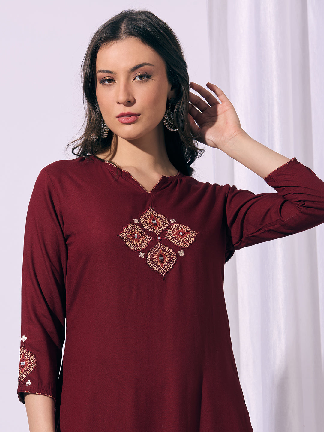 Solid Straight Cut Kurta with Ajrakh Printed Flared Palazzo - Maroon