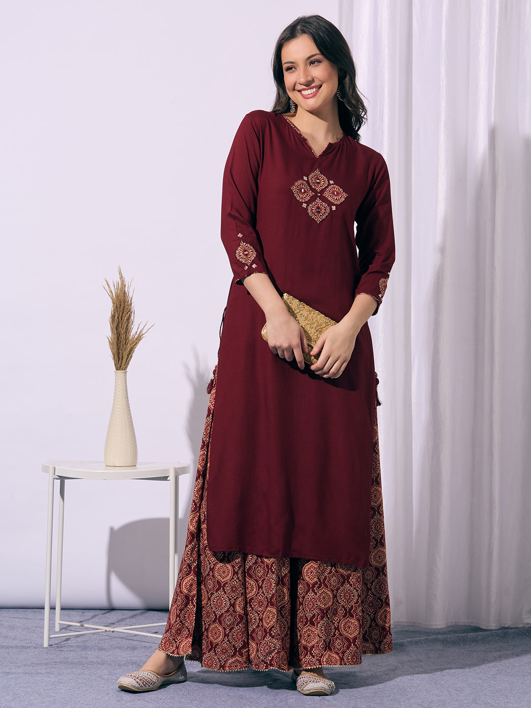 Solid Straight Cut Kurta with Ajrakh Printed Flared Palazzo - Maroon