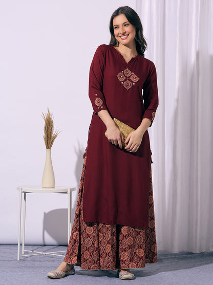 Solid Straight Cut Kurta with Ajrakh Printed Flared Palazzo - Maroon