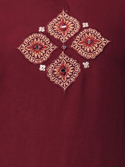 Solid Straight Cut Kurta with Ajrakh Printed Flared Palazzo - Maroon