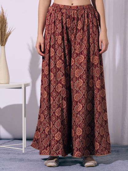 Solid Straight Cut Kurta with Ajrakh Printed Flared Palazzo - Maroon