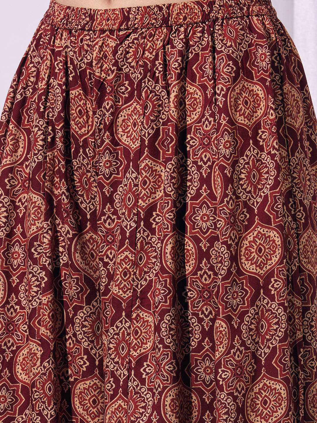 Solid Straight Cut Kurta with Ajrakh Printed Flared Palazzo - Maroon