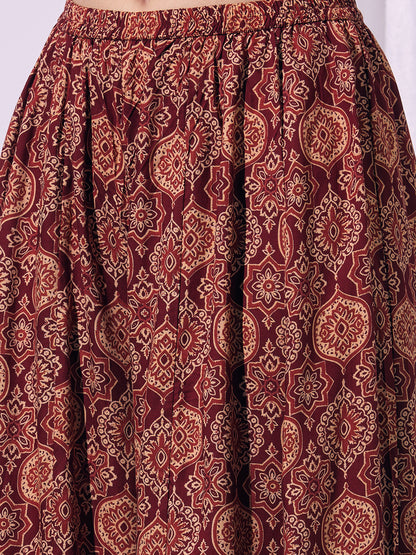 Solid Straight Cut Kurta with Ajrakh Printed Flared Palazzo - Maroon