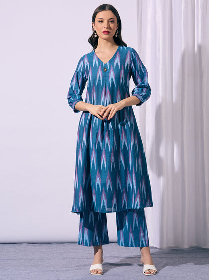 Ethnic Ikat Printed A-Line Co-ord Set - Blue