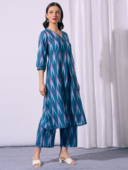 Ethnic Ikat Printed A-Line Co-ord Set - Blue