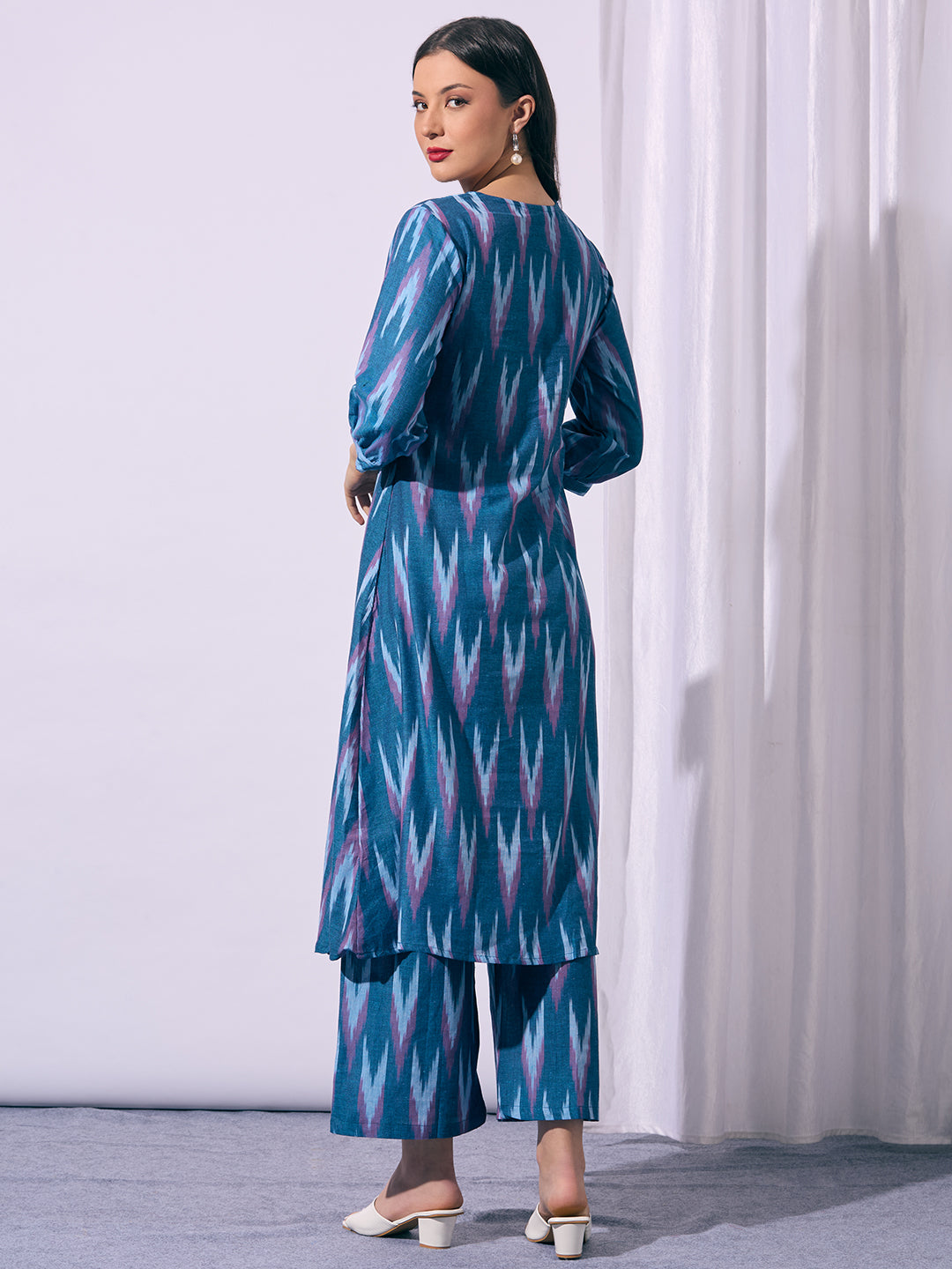 Ethnic Ikat Printed A-Line Co-ord Set - Blue