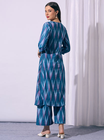Ethnic Ikat Printed A-Line Co-ord Set - Blue