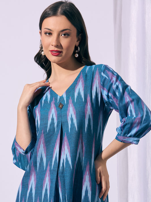 Ethnic Ikat Printed A-Line Co-ord Set - Blue