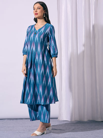 Ethnic Ikat Printed A-Line Co-ord Set - Blue