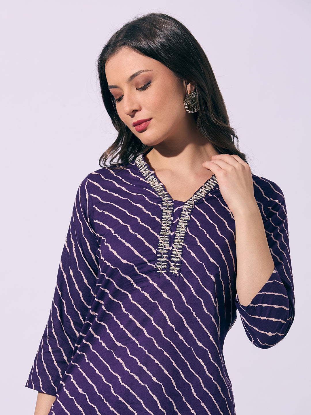 Leheriya Printed Embroidered Straight Fit Kurta with Pant - Purple