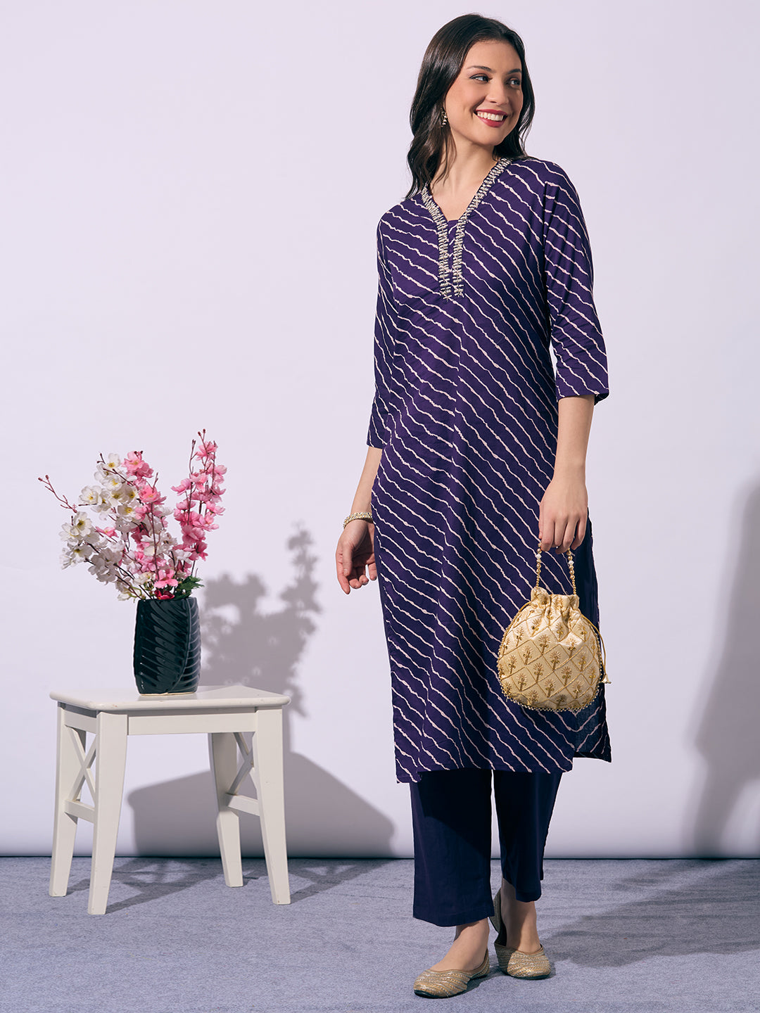 Leheriya Printed Embroidered Straight Fit Kurta with Pant - Purple