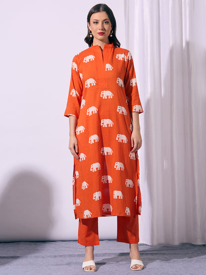 Ethnic Elephant Printed A-Line Kurta with Pant - Orange