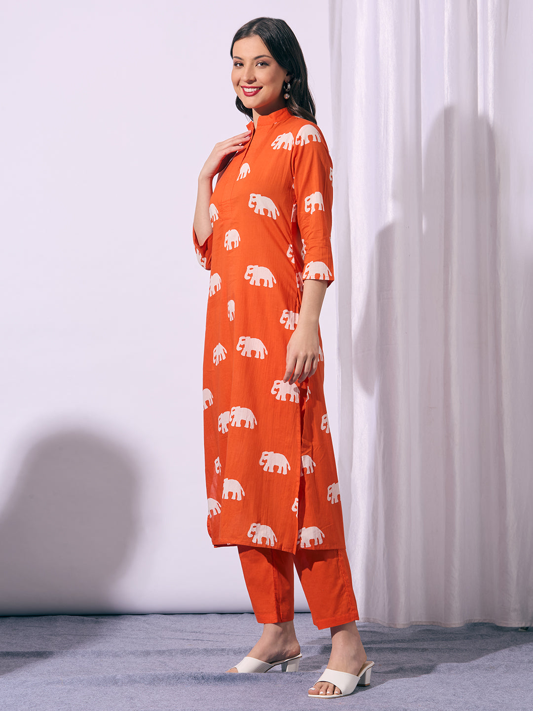 Ethnic Elephant Printed A-Line Kurta with Pant - Orange