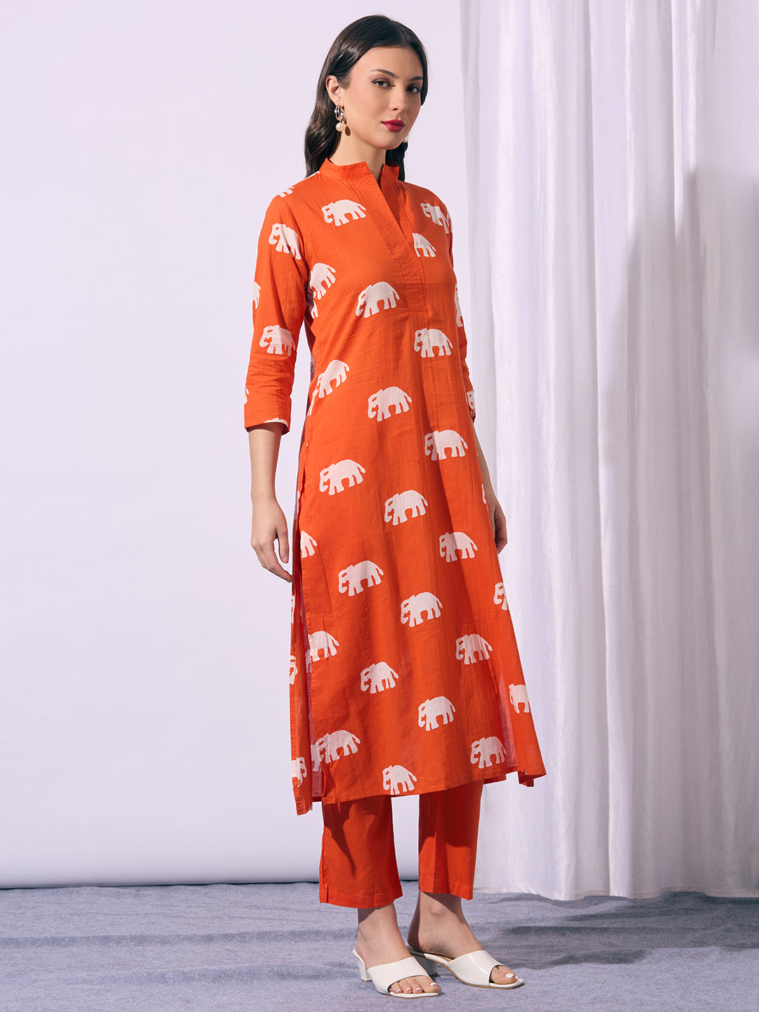 Ethnic Elephant Printed A-Line Kurta with Pant - Orange