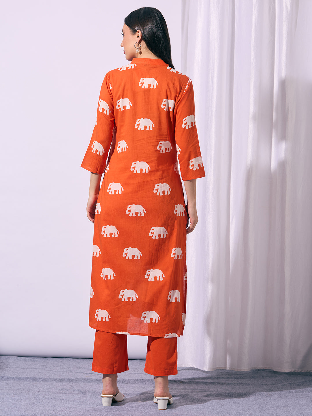 Ethnic Elephant Printed A-Line Kurta with Pant - Orange