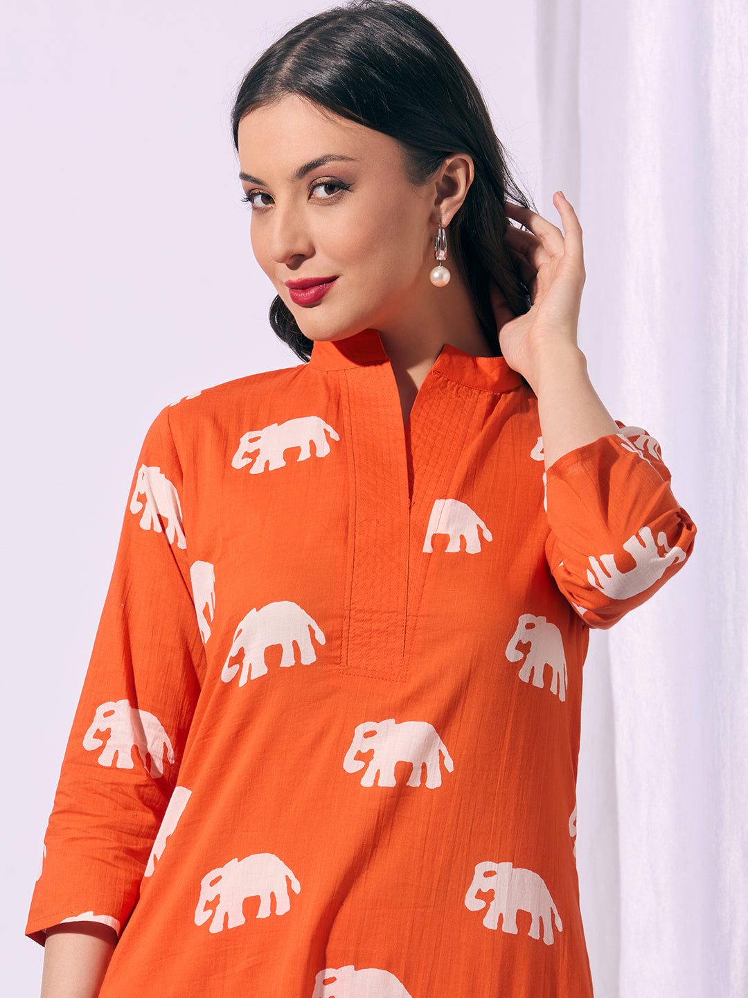 Ethnic Elephant Printed A-Line Kurta with Pant - Orange