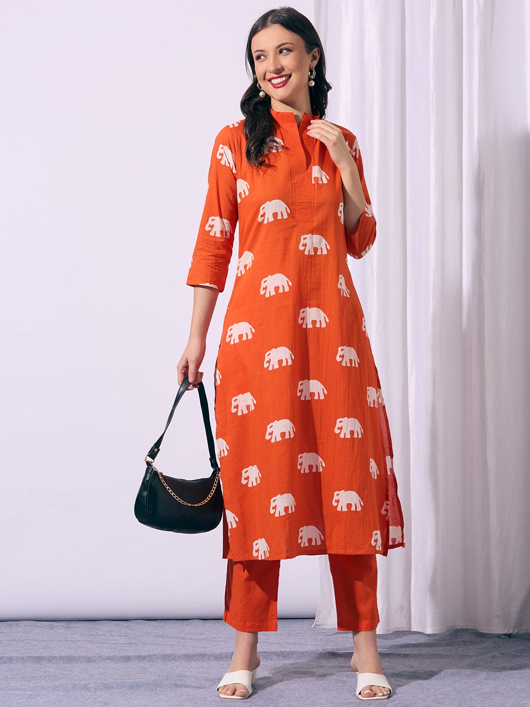Ethnic Elephant Printed A-Line Kurta with Pant - Orange