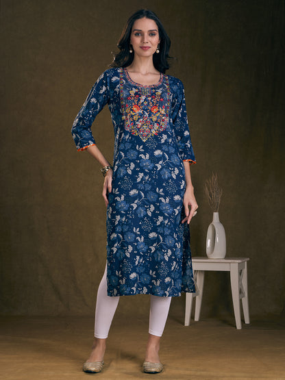 Floral Printed & Resham Embroidered Straight Fit Kurta - Blue