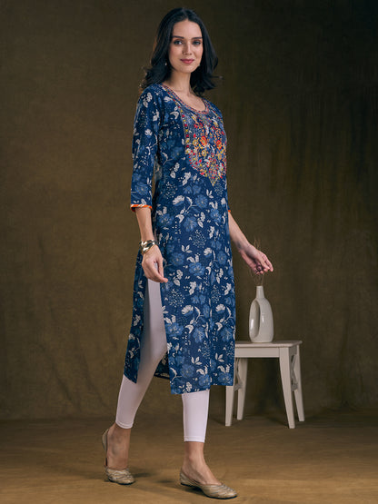 Floral Printed & Resham Embroidered Straight Fit Kurta - Blue