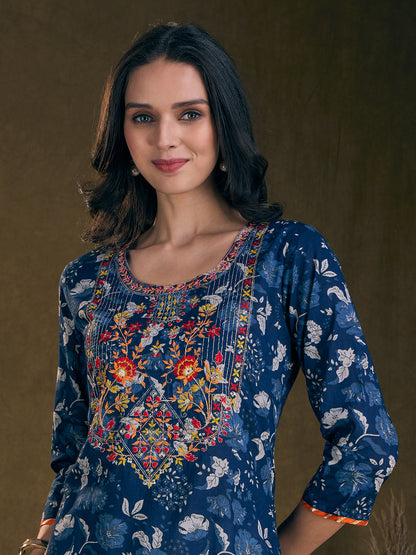 Floral Printed & Resham Embroidered Straight Fit Kurta - Blue