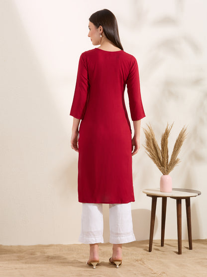 Solid Floral Embroidered Straight Fit Kurta - Red