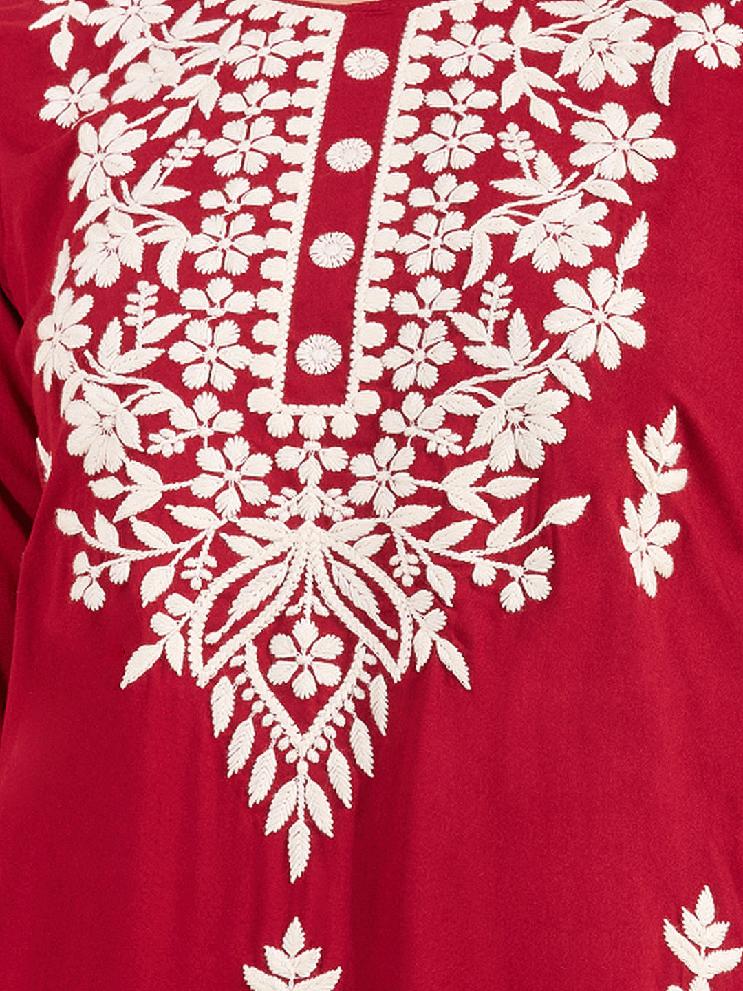 Solid Floral Embroidered Straight Fit Kurta - Red
