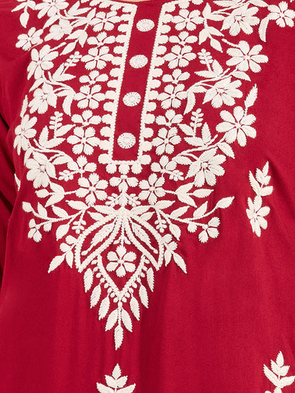 Solid Floral Embroidered Straight Fit Kurta - Red