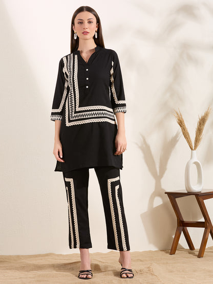 Solid Ethnic Embellished Straight Fit Co-ord Set - Black