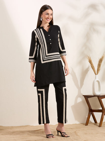 Solid Ethnic Embellished Straight Fit Co-ord Set - Black