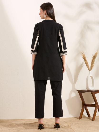 Solid Ethnic Embellished Straight Fit Co-ord Set - Black