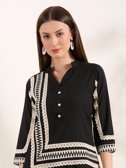 Solid Ethnic Embellished Straight Fit Co-ord Set - Black
