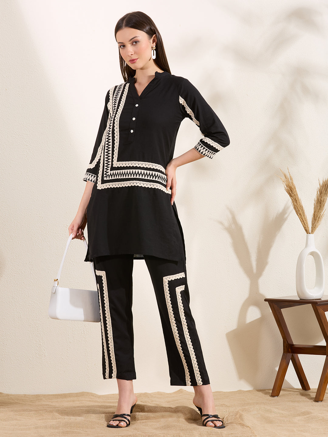 Solid Ethnic Embellished Straight Fit Co-ord Set - Black