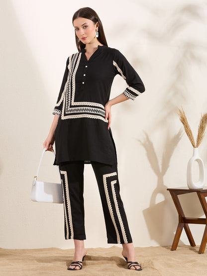 Solid Ethnic Embellished Straight Fit Co-ord Set - Black