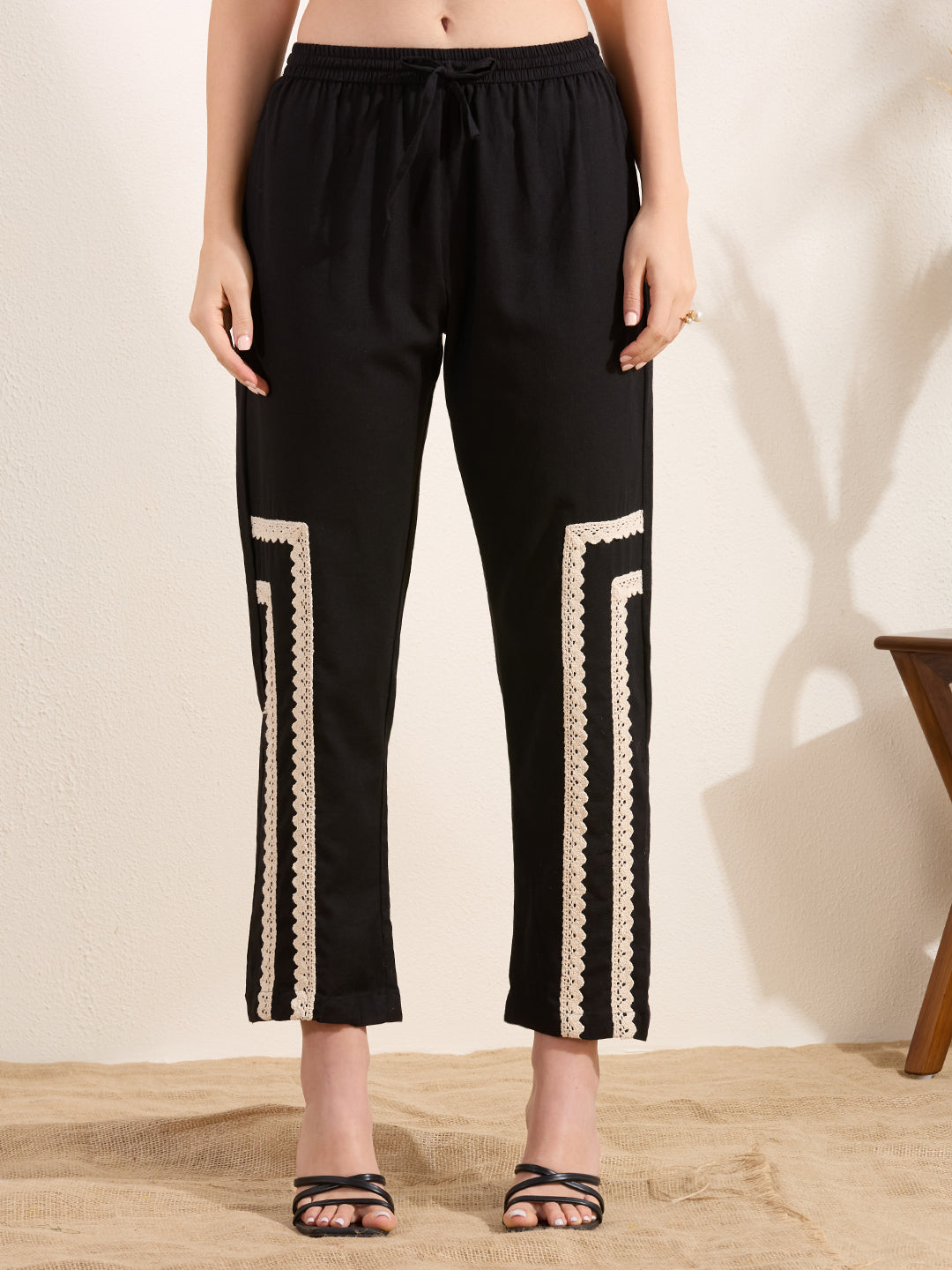 Solid Ethnic Embellished Straight Fit Co-ord Set - Black