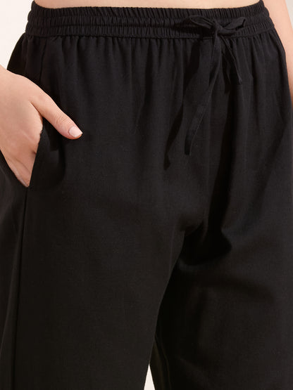 Solid Ethnic Embellished Straight Fit Co-ord Set - Black