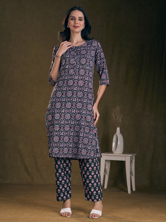 Ethnic Floral Printed & Embroidered Straight Fit Kurta with Pant - Black