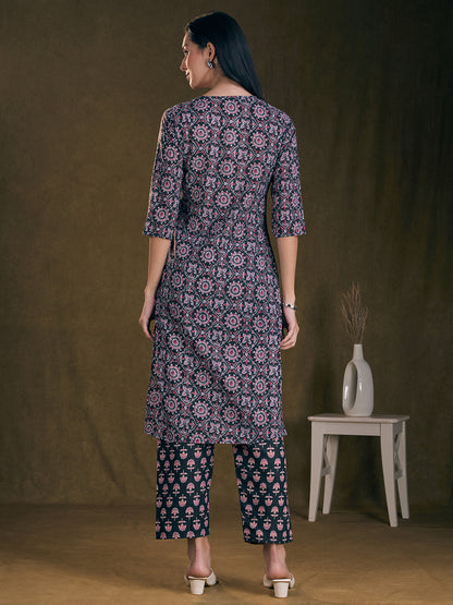 Ethnic Floral Printed & Embroidered Straight Fit Kurta with Pant - Black