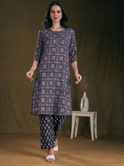 Ethnic Floral Printed & Embroidered Straight Fit Kurta with Pant - Black