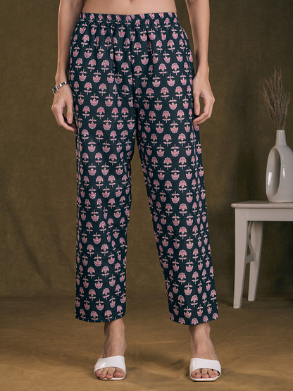 Ethnic Floral Printed & Embroidered Straight Fit Kurta with Pant - Black