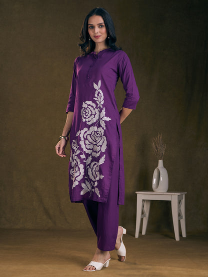 Solid Floral Threadwork Embroidered Straight Fit Co-ord Set - Purple