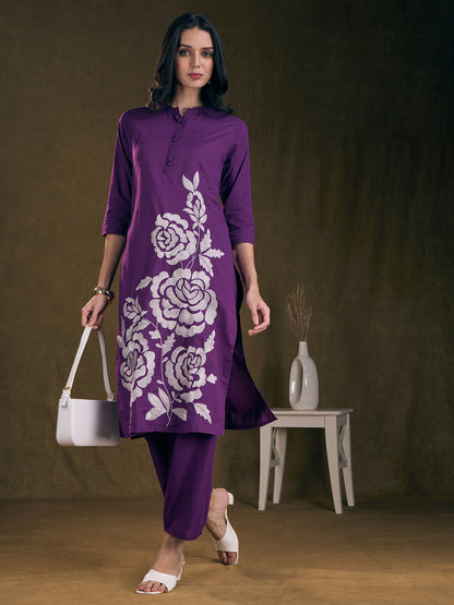 Solid Floral Threadwork Embroidered Straight Fit Co-ord Set - Purple