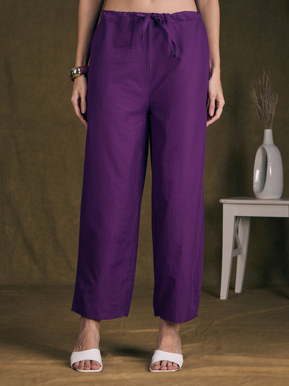 Solid Floral Threadwork Embroidered Straight Fit Co-ord Set - Purple