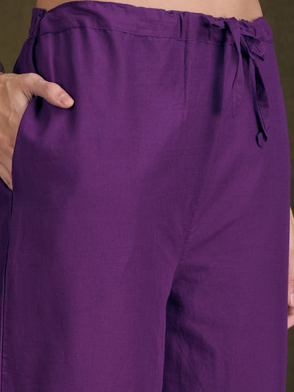 Solid Floral Threadwork Embroidered Straight Fit Co-ord Set - Purple