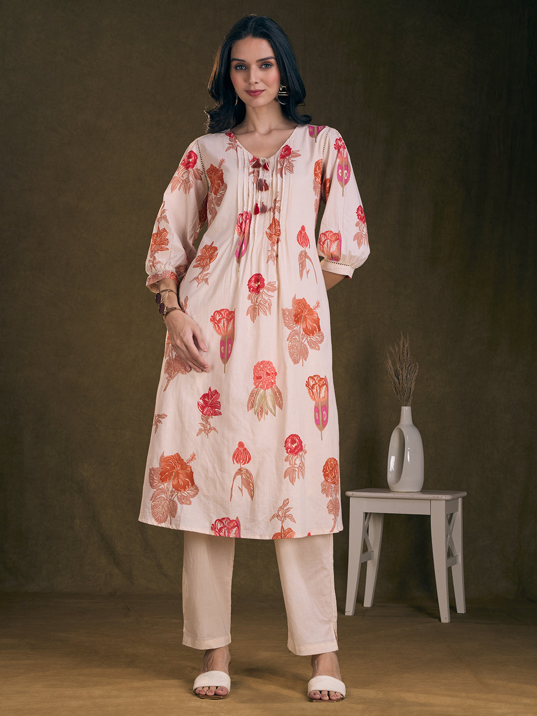 Ethnic Floral Printed A-Line Pleated Kurta with Pant - Off White