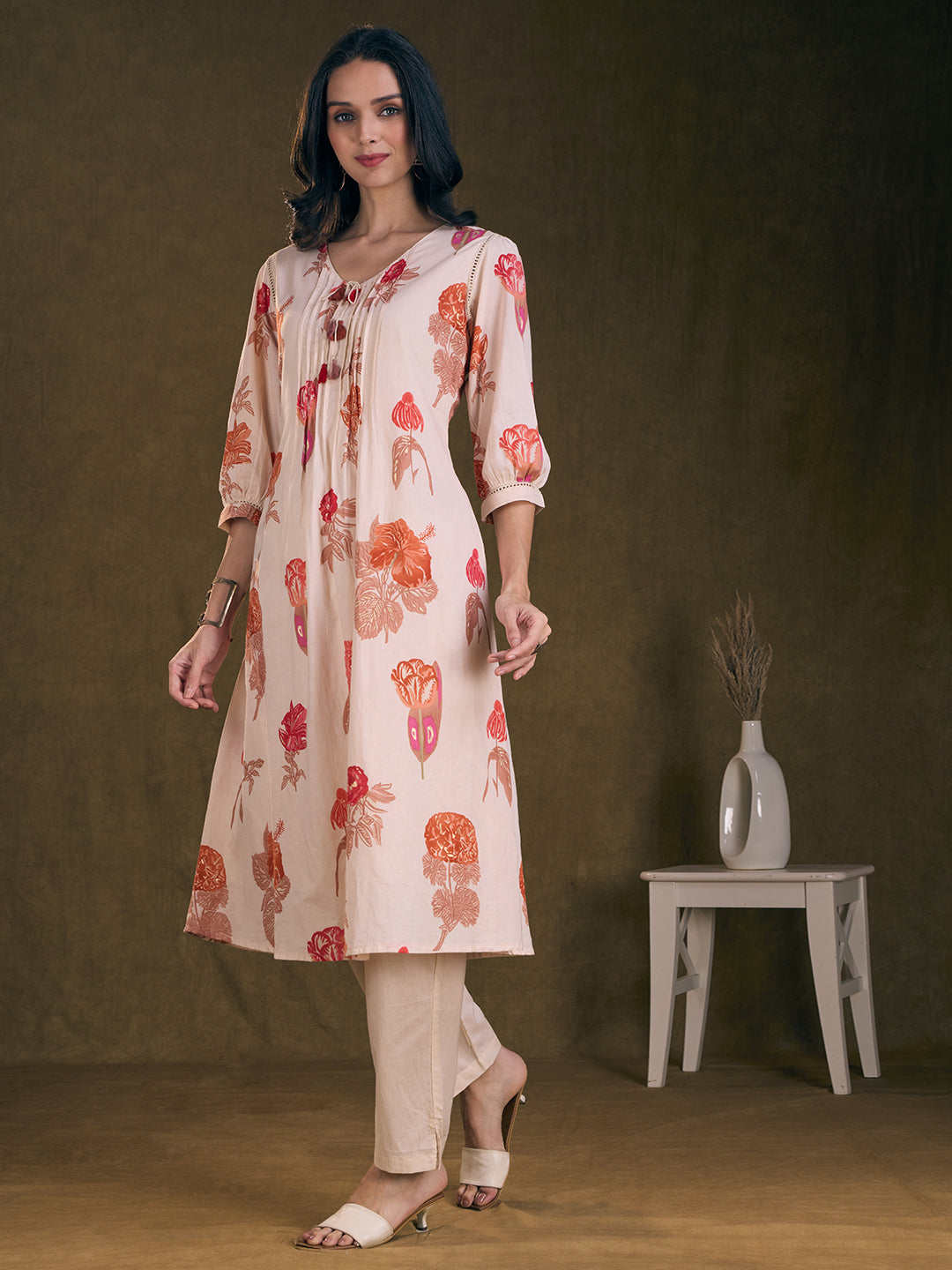 Ethnic Floral Printed A-Line Pleated Kurta with Pant - Off White